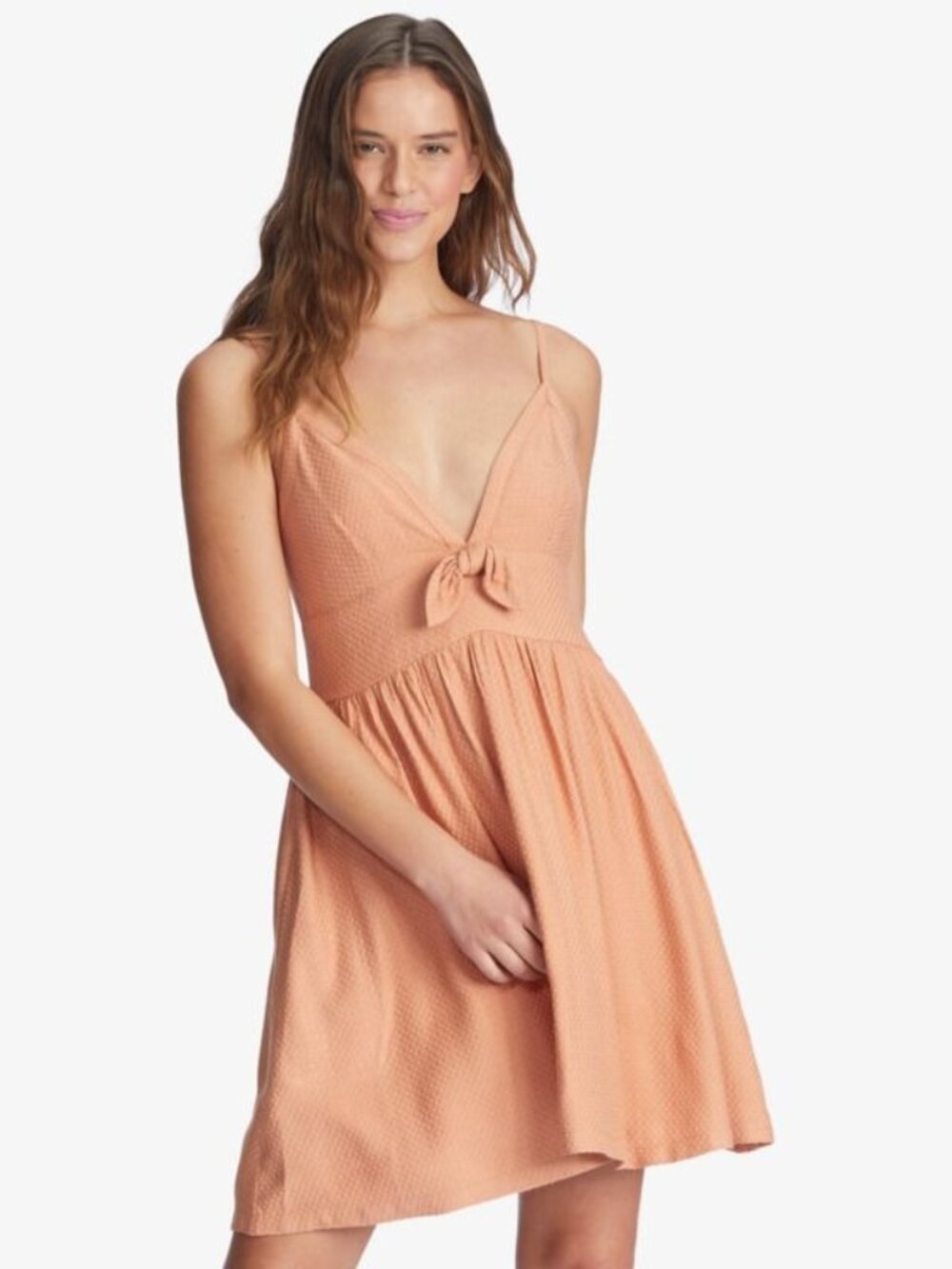 New Roxy Bright Light Sleeveless Textured Dress With Bow Detail & Smocked Back -